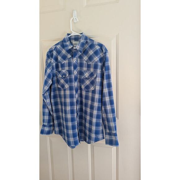 Wrangler Wrancher Blue Plaid Pearl Snap Button Down Shirt, Medium, Vintage - Picture 1 of 9